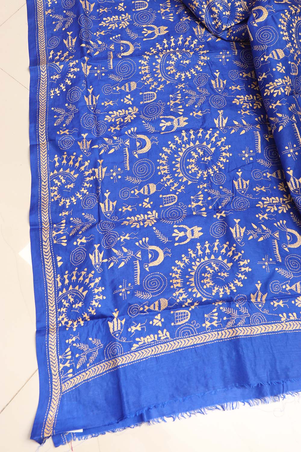 Blue Hand Embroidered Kantha Pure Bangalore Silk Dupatta - Luxurion World