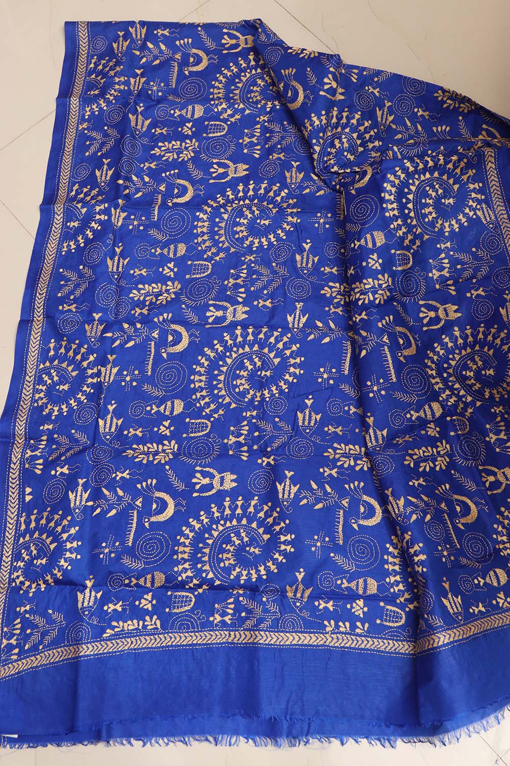 Blue Hand Embroidered Kantha Pure Bangalore Silk Dupatta - Luxurion World