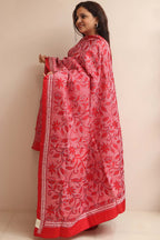Red Hand Embroidered Kantha Pure Bangalore Silk Dupatta - Luxurion World