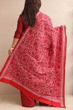 Red Hand Embroidered Kantha Pure Bangalore Silk Dupatta - Luxurion World