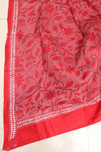 Red Hand Embroidered Kantha Pure Bangalore Silk Dupatta - Luxurion World