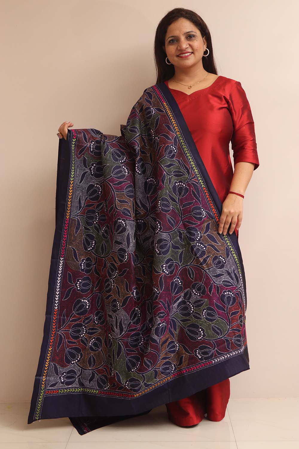 Blue Hand Embroidered Kantha Pure Bangalore Silk Dupatta - Luxurion World