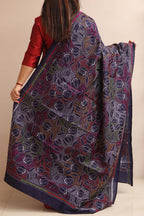 Blue Hand Embroidered Kantha Pure Bangalore Silk Dupatta - Luxurion World
