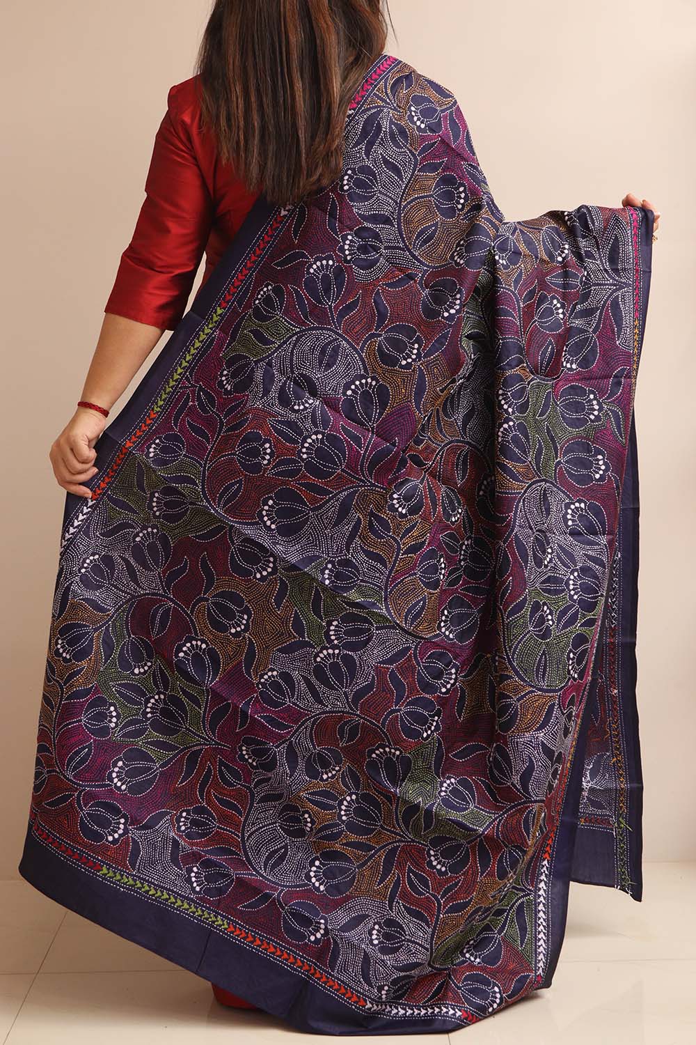 Blue Hand Embroidered Kantha Pure Bangalore Silk Dupatta - Luxurion World