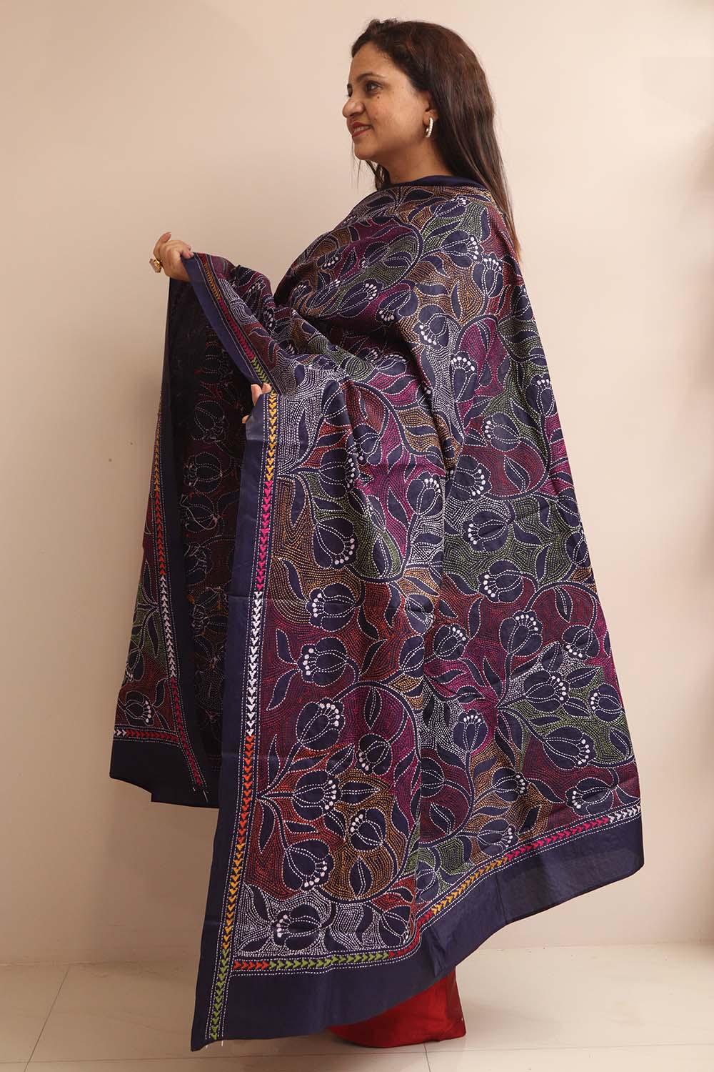 Blue Hand Embroidered Kantha Pure Bangalore Silk Dupatta - Luxurion World