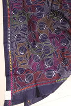 Blue Hand Embroidered Kantha Pure Bangalore Silk Dupatta - Luxurion World