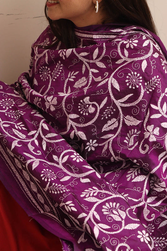 Purple Hand Embroidered Kantha Pure Bangalore Silk Dupatta - Luxurion World