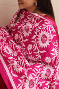 Pink Hand Embroidered Kantha Pure Bangalore Silk Dupatta - Luxurion World