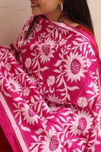 Pink Hand Embroidered Kantha Pure Bangalore Silk Dupatta - Luxurion World