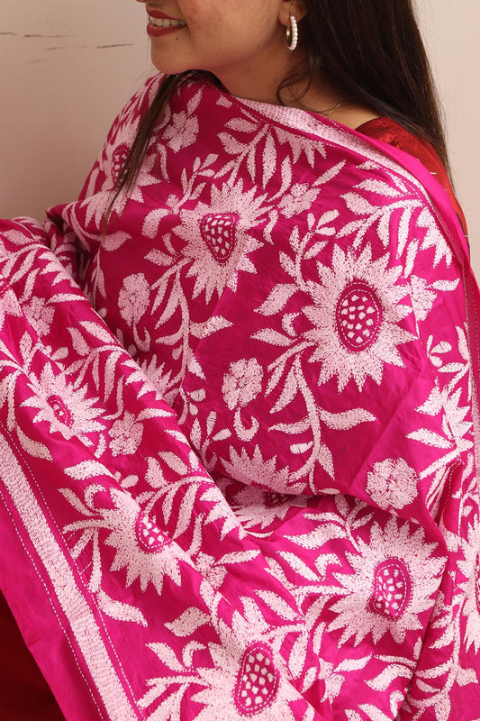 Pink Hand Embroidered Kantha Pure Bangalore Silk Dupatta - Luxurion World