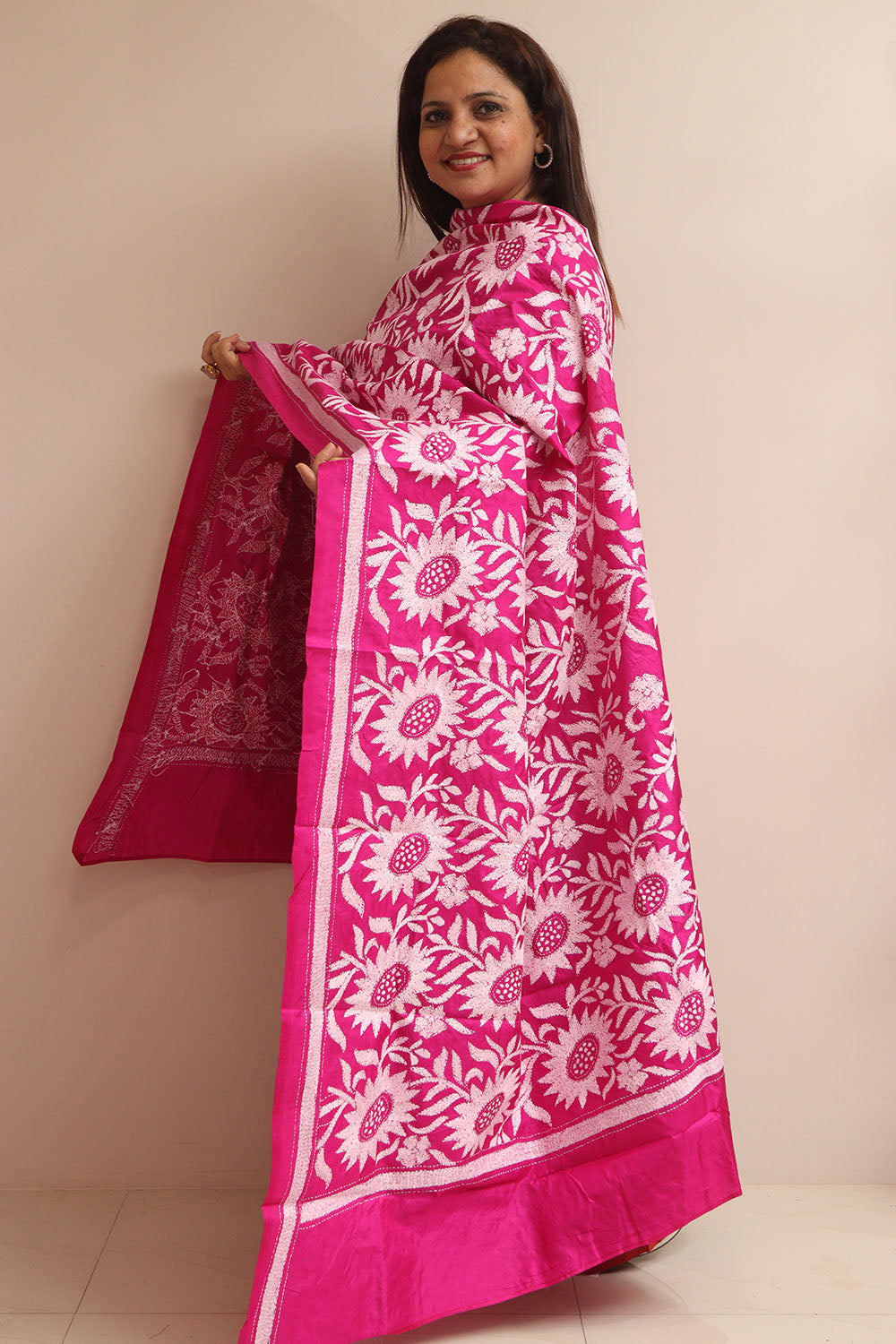 Pink Hand Embroidered Kantha Pure Bangalore Silk Dupatta - Luxurion World