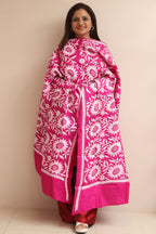 Pink Hand Embroidered Kantha Pure Bangalore Silk Dupatta - Luxurion World