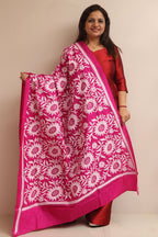 Pink Hand Embroidered Kantha Pure Bangalore Silk Dupatta - Luxurion World