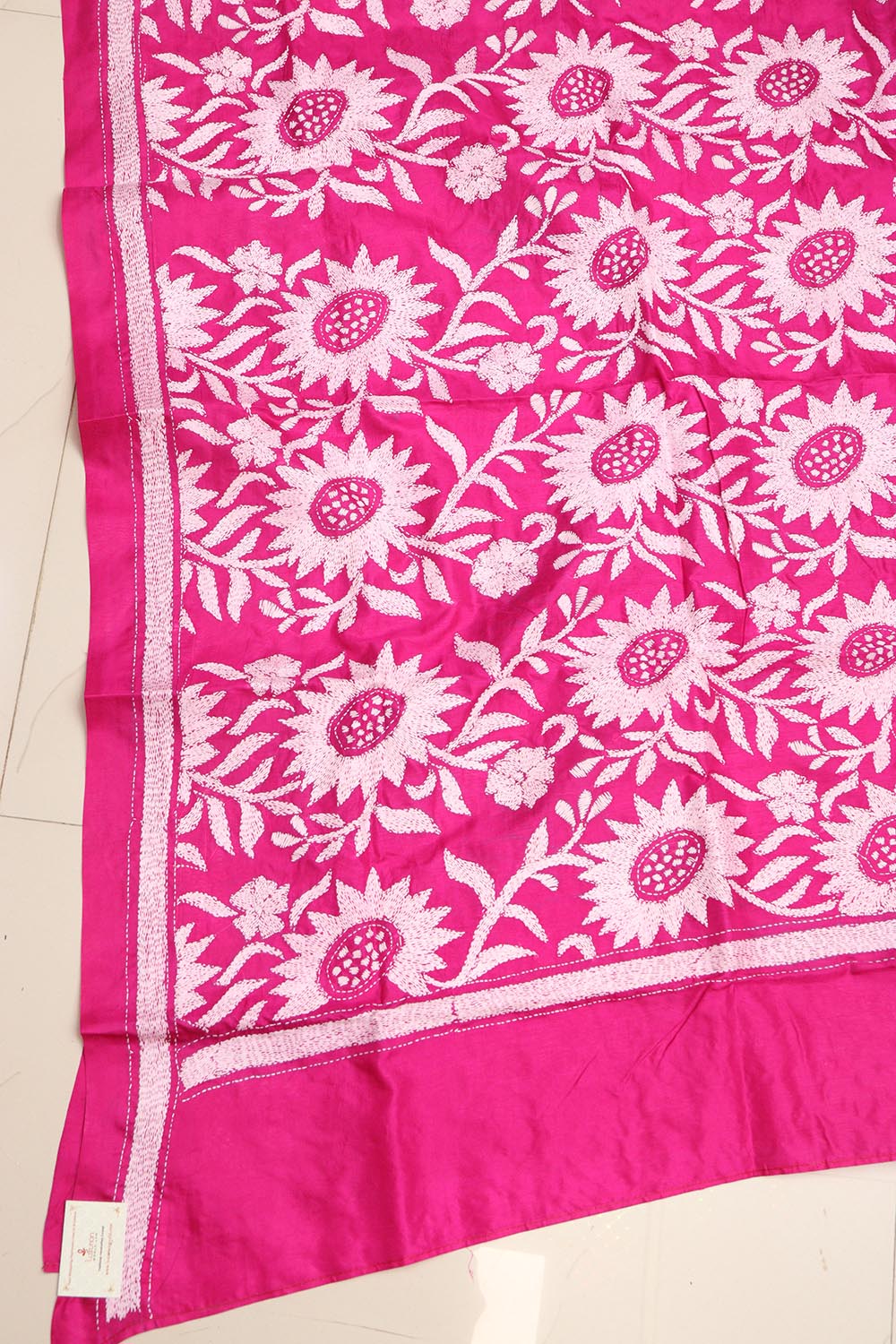 Pink Hand Embroidered Kantha Pure Bangalore Silk Dupatta - Luxurion World