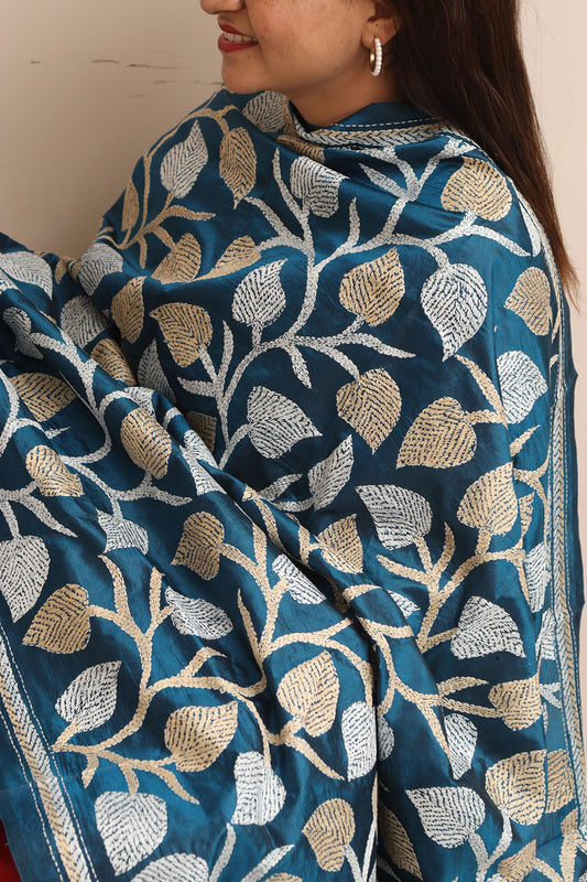 Blue Hand Embroidered Kantha Pure Bangalore Silk Dupatta - Luxurion World