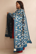 Blue Hand Embroidered Kantha Pure Bangalore Silk Dupatta - Luxurion World
