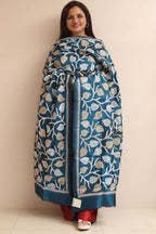 Blue Hand Embroidered Kantha Pure Bangalore Silk Dupatta - Luxurion World