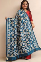 Blue Hand Embroidered Kantha Pure Bangalore Silk Dupatta - Luxurion World