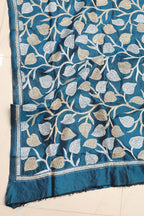 Blue Hand Embroidered Kantha Pure Bangalore Silk Dupatta - Luxurion World