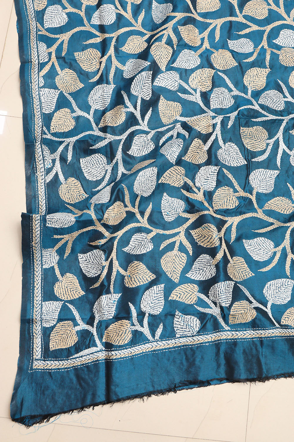 Blue Hand Embroidered Kantha Pure Bangalore Silk Dupatta - Luxurion World
