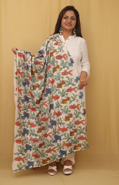Stunning Off White Kantha Tussar Silk Dupatta with Hand Embroidery - Luxurion World