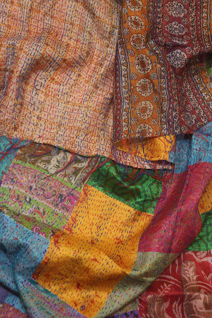 Multicolor Hand Embroidered Kantha Pure Silk Reversible Dupatta - Luxurion World