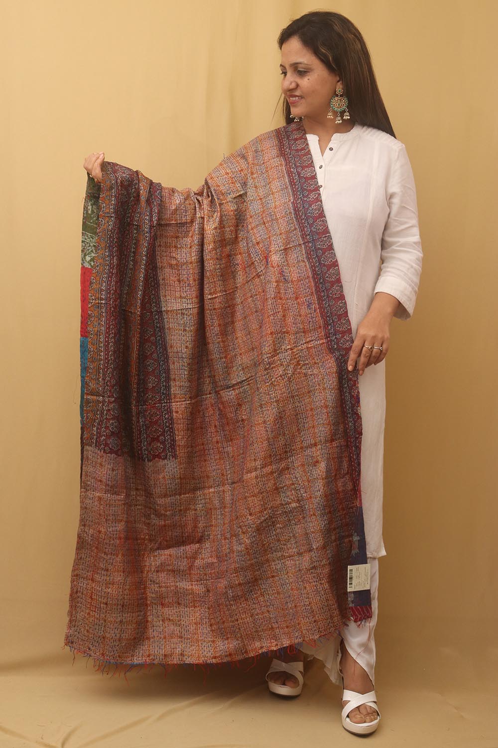 Multicolor Hand Embroidered Kantha Pure Silk Reversible Dupatta - Luxurion World