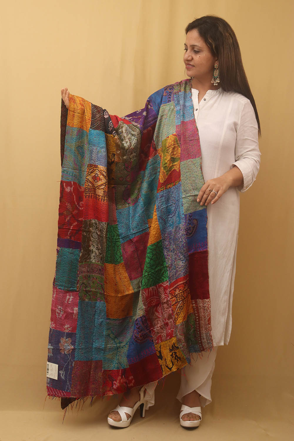 Multicolor Hand Embroidered Kantha Pure Silk Reversible Dupatta - Luxurion World