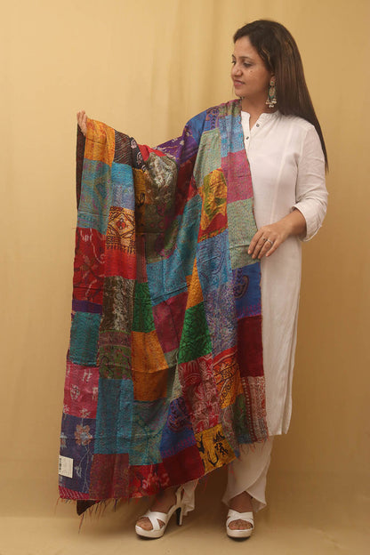 Multicolor Hand Embroidered Kantha Pure Silk Reversible Dupatta - Luxurion World