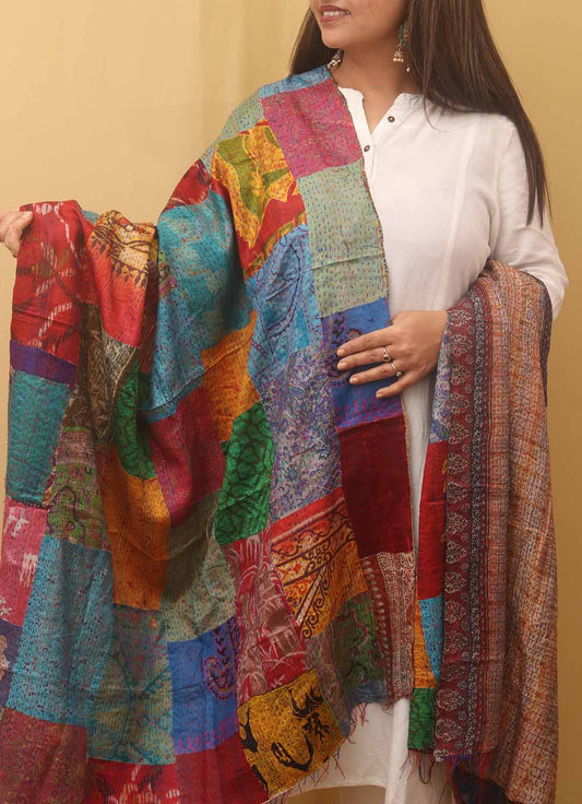 Multicolor Hand Embroidered Kantha Pure Silk Reversible Dupatta - Luxurion World
