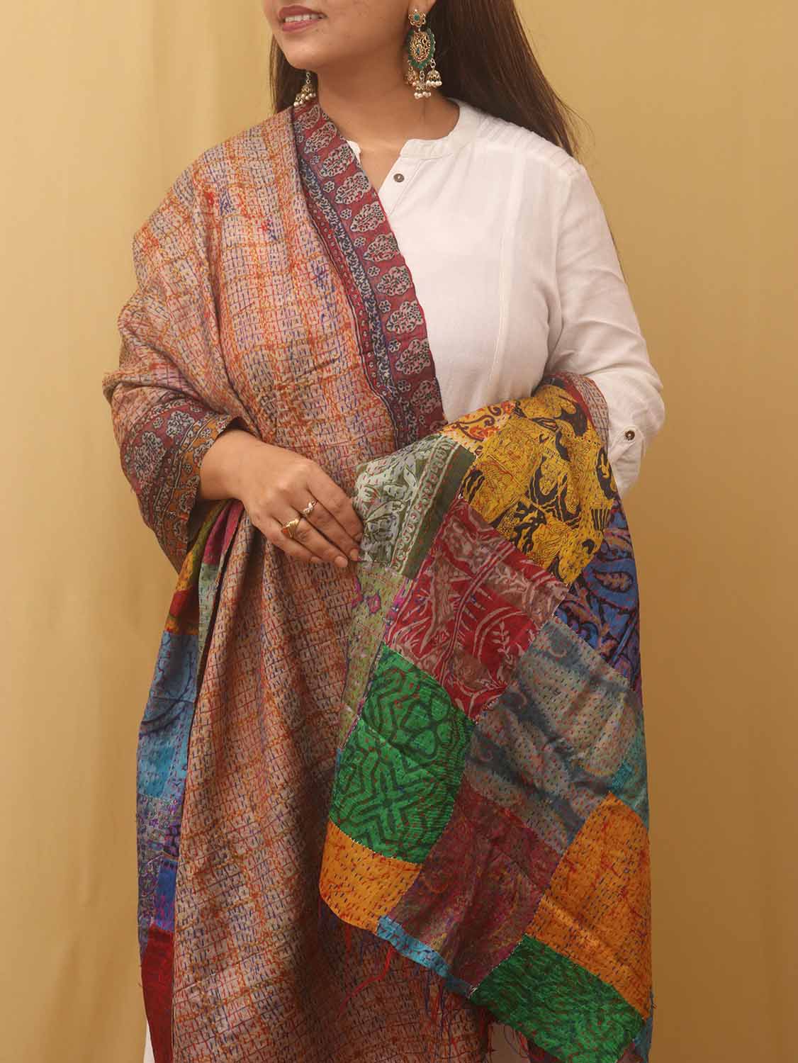 Multicolor Hand Embroidered Kantha Pure Silk Reversible Dupatta - Luxurion World