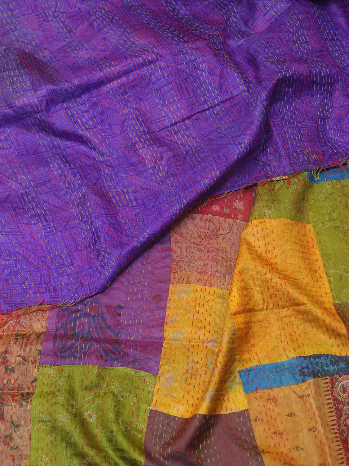 Multicolor Hand Embroidered Kantha Pure Silk Reversible Dupatta - Luxurion World