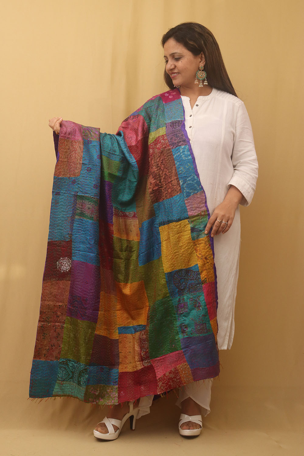 Multicolor Hand Embroidered Kantha Pure Silk Reversible Dupatta - Luxurion World