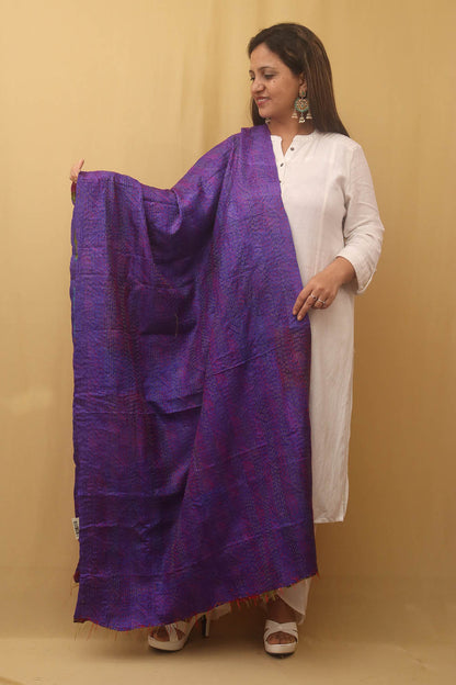 Multicolor Hand Embroidered Kantha Pure Silk Reversible Dupatta - Luxurion World