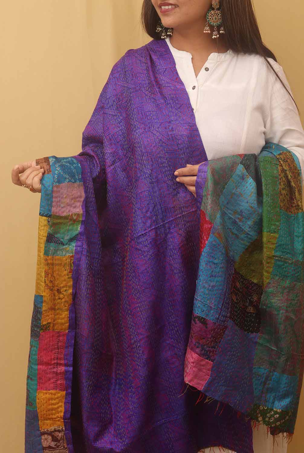 Multicolor Hand Embroidered Kantha Pure Silk Reversible Dupatta - Luxurion World