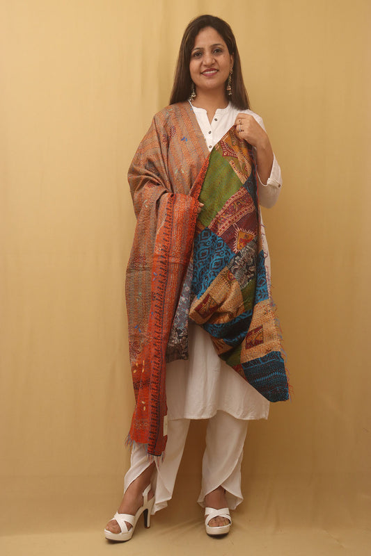 Multicolor Hand Embroidered Kantha Pure Silk Reversible Dupatta - Luxurion World