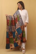 Multicolor Hand Embroidered Kantha Pure Silk Reversible Dupatta - Luxurion World