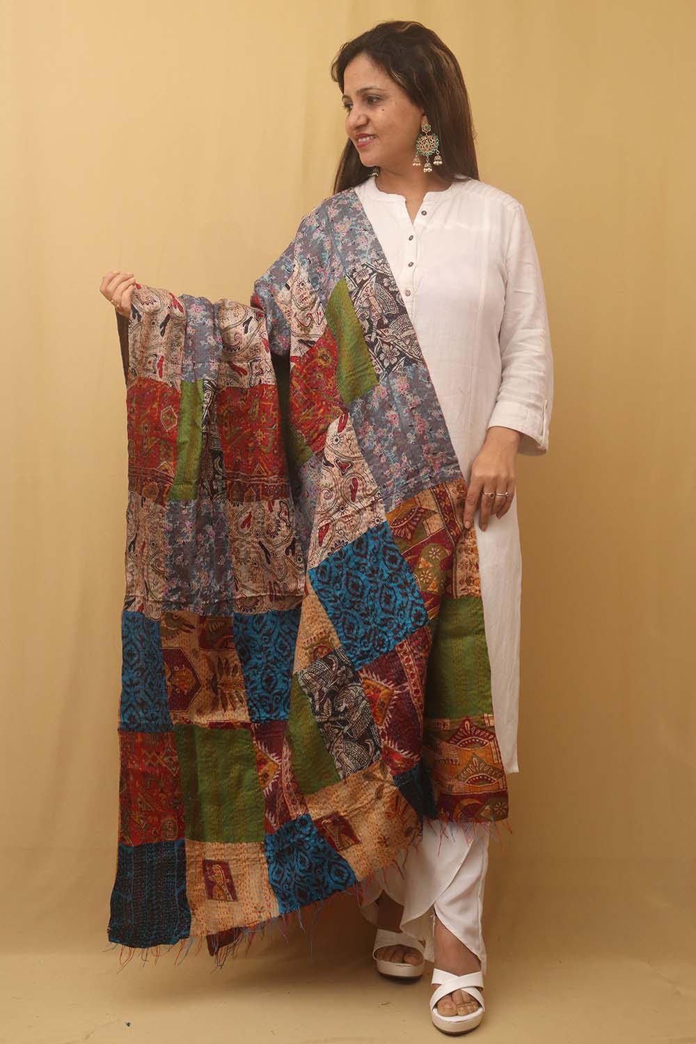 Multicolor Hand Embroidered Kantha Pure Silk Reversible Dupatta - Luxurion World