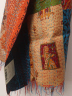 Multicolor Hand Embroidered Kantha Pure Silk Reversible Dupatta - Luxurion World