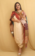 Multicolor Hand Embroidered Kantha Pure Silk Reversible Dupatta - Luxurion World