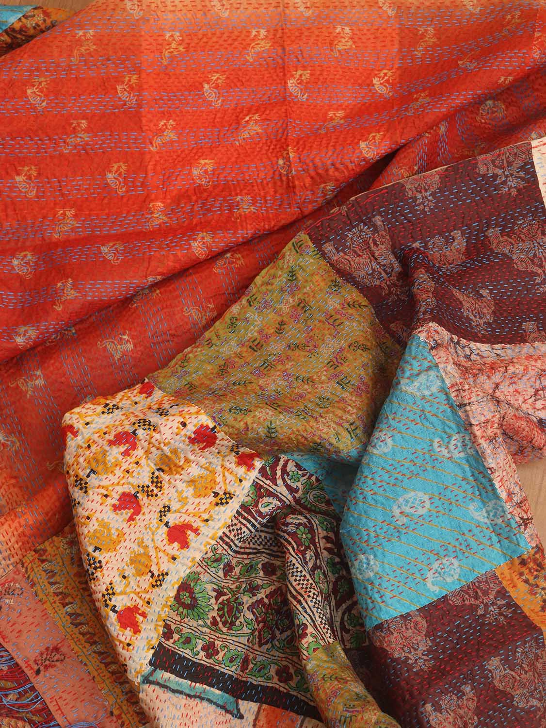 Multicolor Hand Embroidered Kantha Pure Silk Reversible Dupatta - Luxurion World