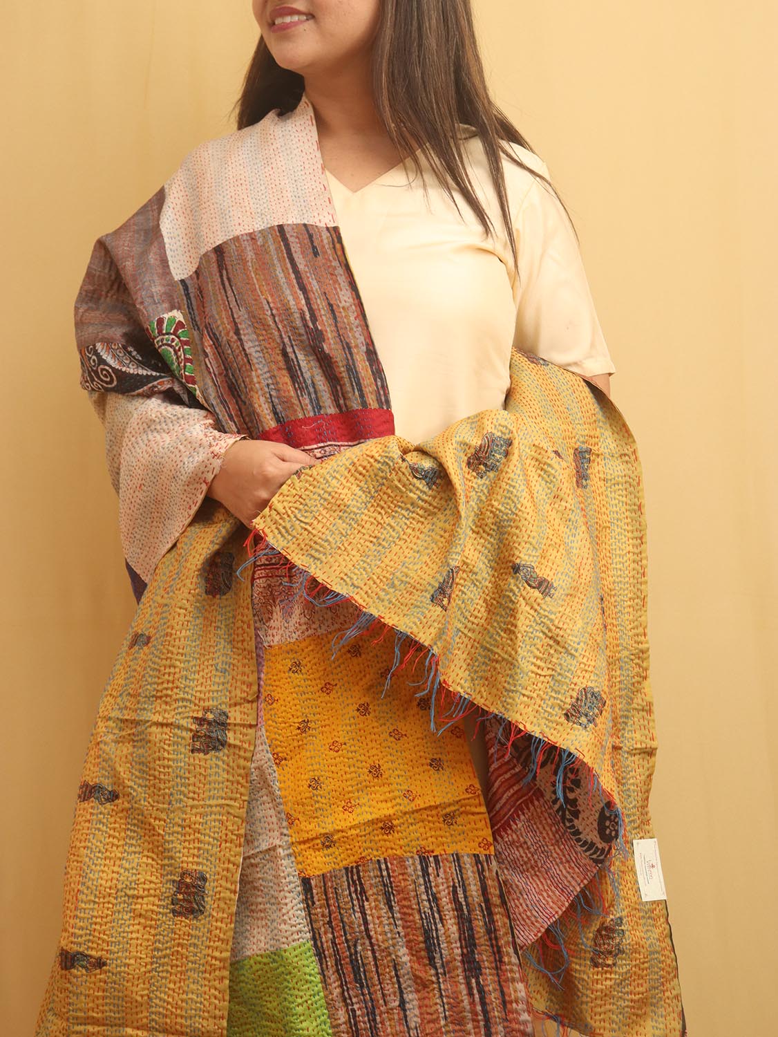 Multicolor Hand Embroidered Kantha Pure Silk Reversible Dupatta - Luxurion World