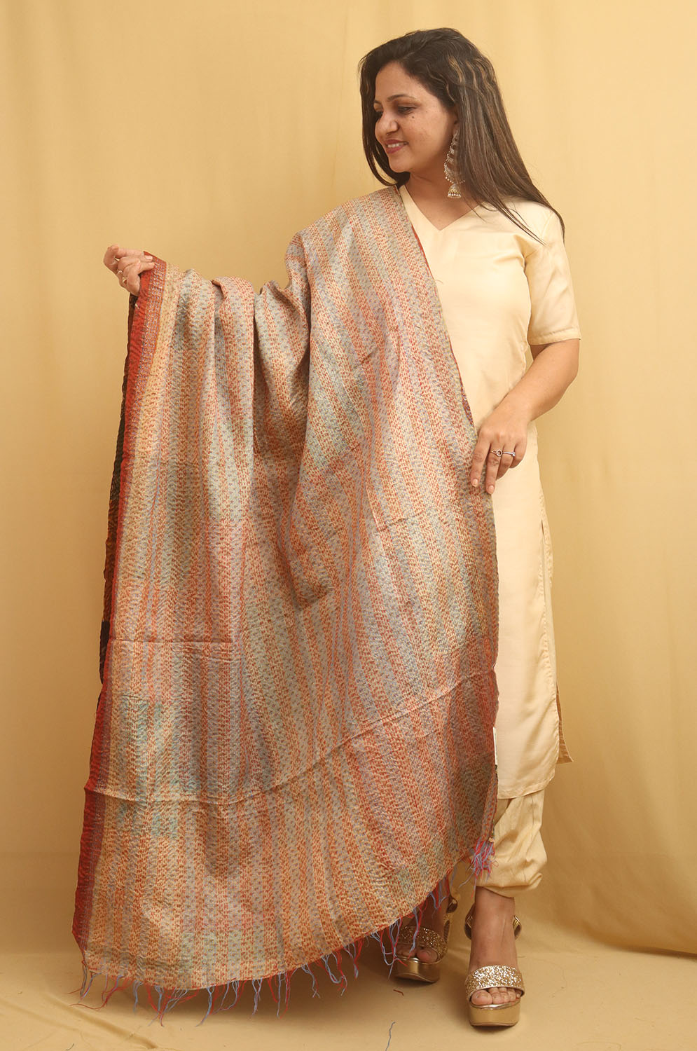 Multicolor Hand Embroidered Kantha Pure Silk Reversible Dupatta - Luxurion World
