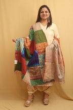 Multicolor Hand Embroidered Kantha Pure Silk Reversible Dupatta - Luxurion World