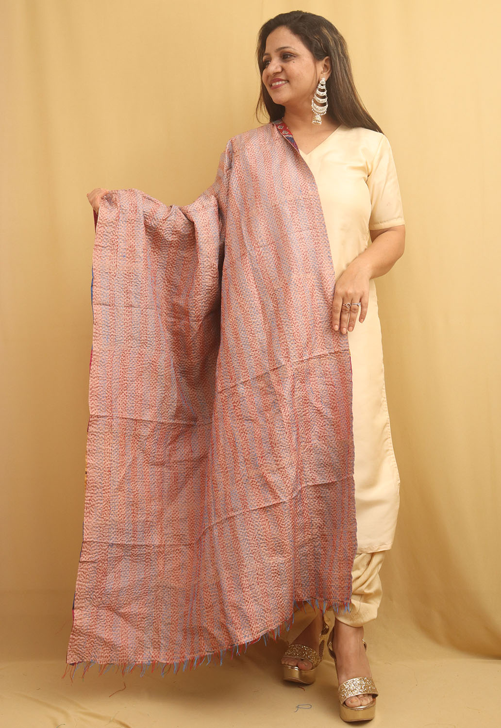 Multicolor Hand Embroidered Kantha Pure Silk Reversible Dupatta - Luxurion World