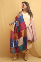 Multicolor Hand Embroidered Kantha Pure Silk Reversible Dupatta - Luxurion World