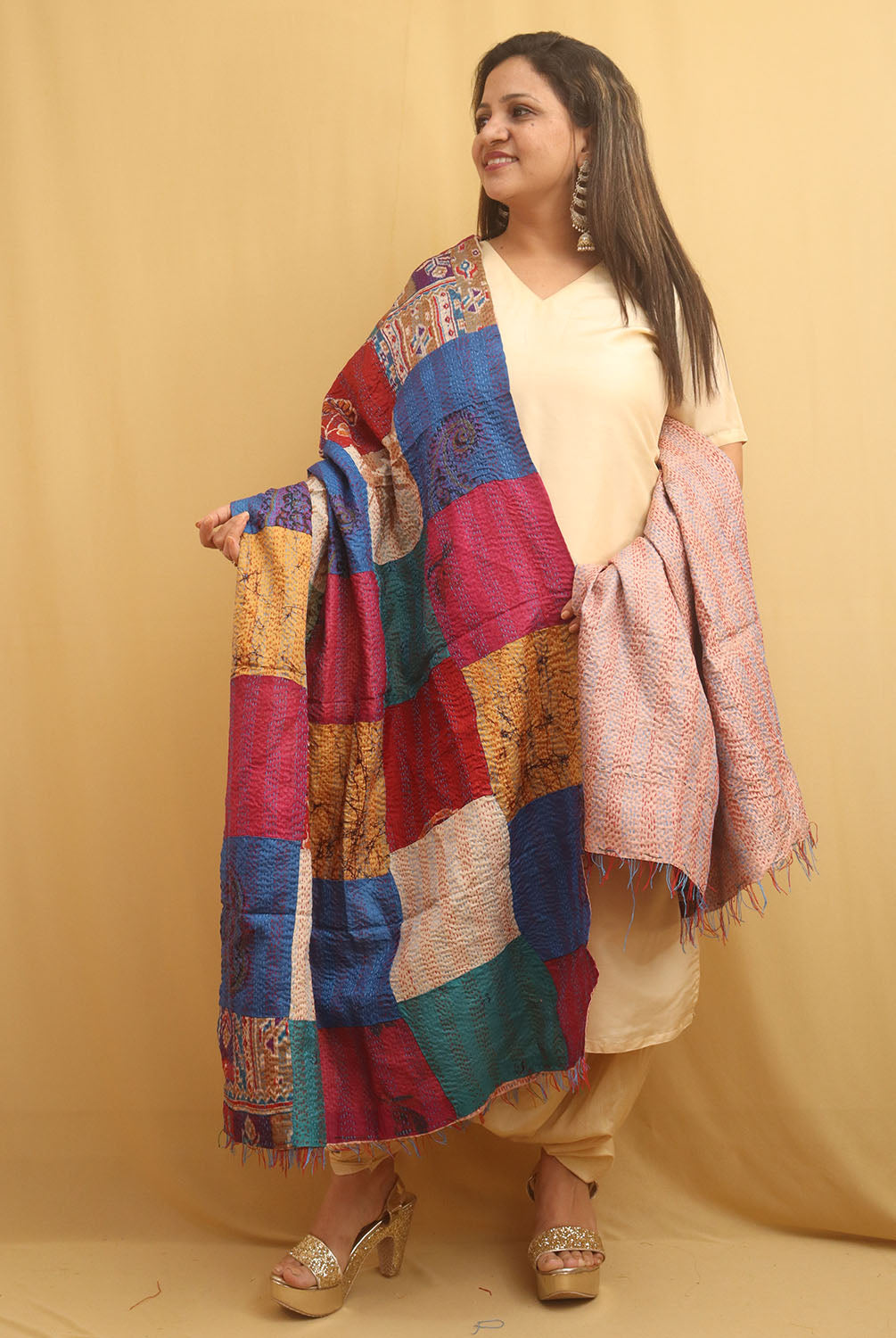 Multicolor Hand Embroidered Kantha Pure Silk Reversible Dupatta - Luxurion World