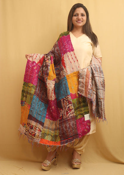 Multicolor Hand Embroidered Kantha Pure Silk Reversible Dupatta - Luxurion World