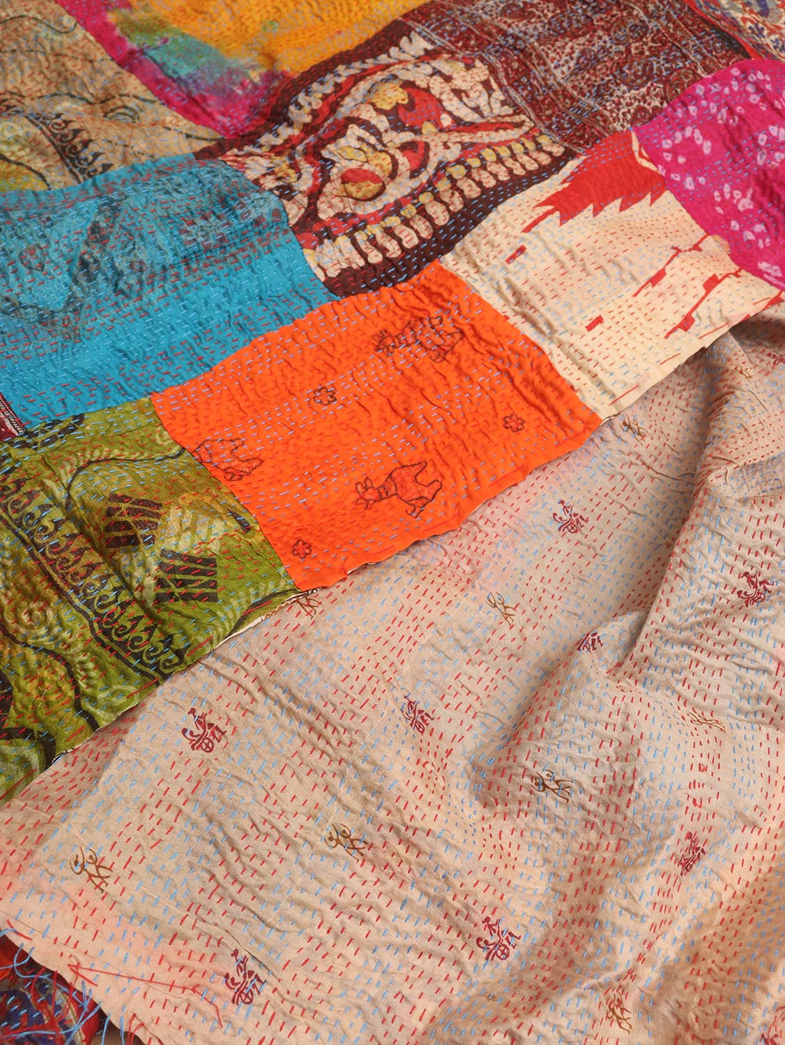 Multicolor Hand Embroidered Kantha Pure Silk Reversible Dupatta - Luxurion World
