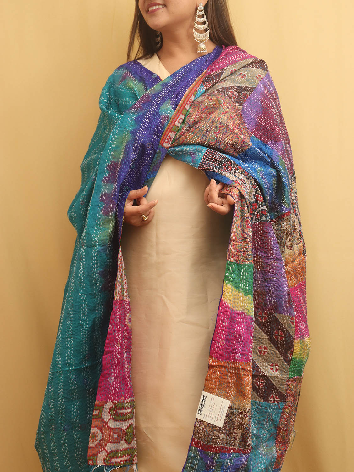 Multicolor Hand Embroidered Kantha Pure Silk Reversible Dupatta - Luxurion World